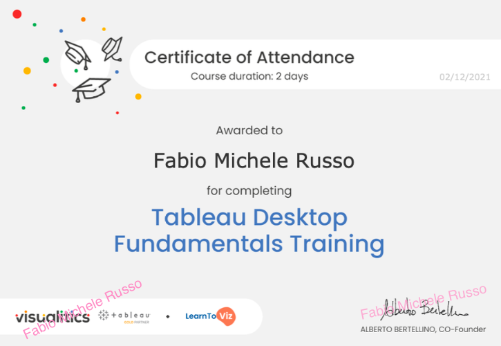 Certificate of attendance of Fabio Michele Russo to Tableau course by Visualitics